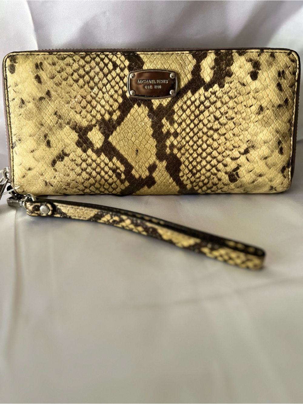 Michael Kors Yellow and Brown Snake-Print Wristlet Wallet